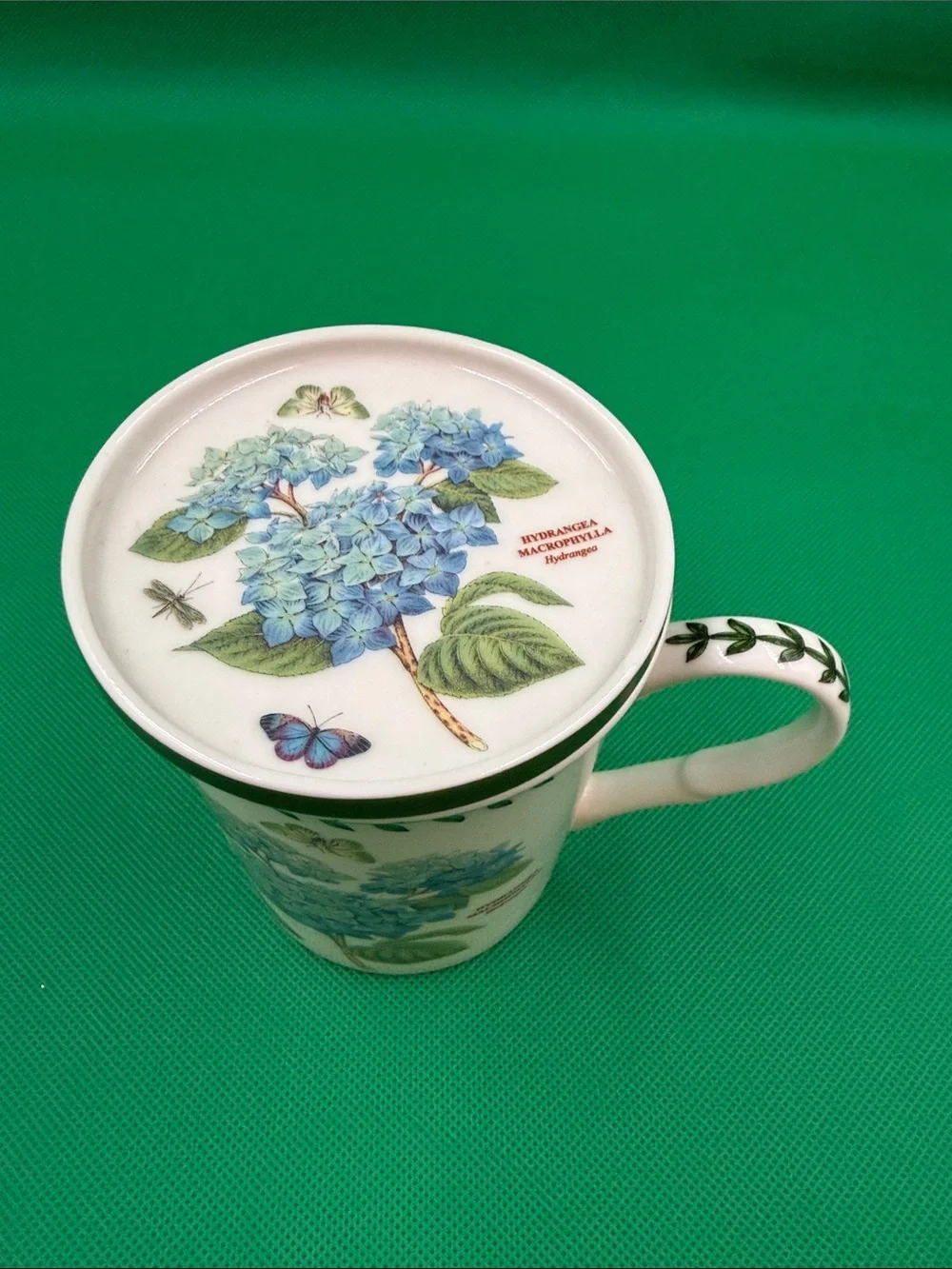 Potmetrion (Botanical Garden) Floral Hydrangea Tea Mug with Lid - Blue & Green